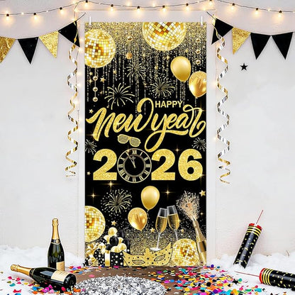 2026 Happy New Year Banner Black and Gold Photography Background New Years Eve Party Decoration Backdrop Holiday Party Hanging Poster Background Banner 35.4x70.8 inch