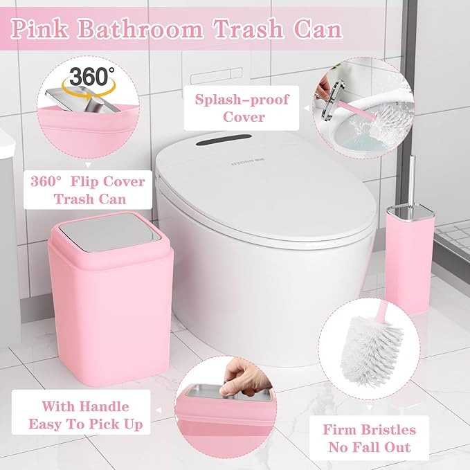 Pink Bathroom Accessory Set, Plastic Bathroom Set with Tray, Soap Dispenser, Toothbrush Holder, Toothbrush Cup, Soap Dish, Toilet Brush, Trash Can and Q-tip Holders for Bathroom/Housewarming