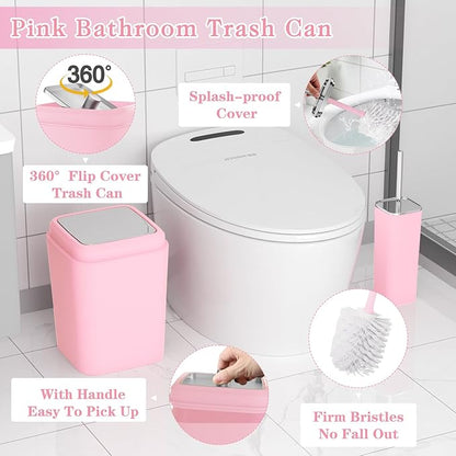 Pink Bathroom Accessory Set, Plastic Bathroom Set with Tray, Soap Dispenser, Toothbrush Holder, Toothbrush Cup, Soap Dish, Toilet Brush, Trash Can and Q-tip Holders for Bathroom/Housewarming