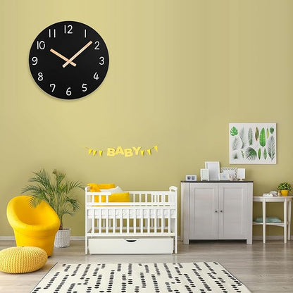 Plumeet 10'' Wooden Wall Clock Small Frameless Clocks with Silent Quartz Movement - Modern Style Village Wall Clocks Decorative Home Kitchen - Battery Operated (Black)