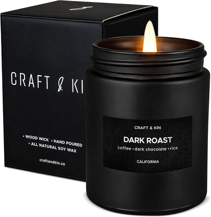 Craft & Kin Premium Dark Roast Coffee Candle | Black Scented Candles for Home | Long Lasting with 45 Hour Burn Time, 7.6oz | Soy Candle | Aromatherapy at Home | Gifts for Men