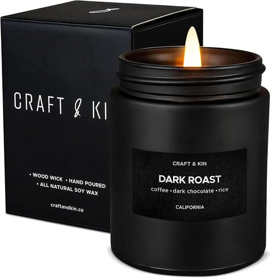 Craft & Kin Premium Dark Roast Coffee Candle | Black Scented Candles for Home | Long Lasting with 45 Hour Burn Time, 7.6oz | Soy Candle | Aromatherapy at Home | Gifts for Men