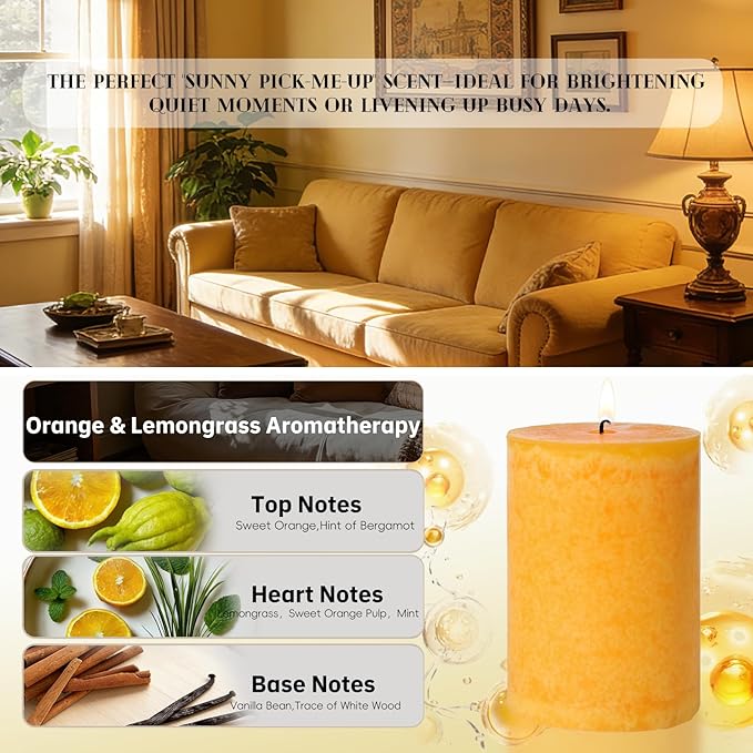 4 Pack Orange Lemongrass Sented Pillar Candles,60 H Long Burning,Natural Essential Oils,Non-Toxic,Refreshing Aromatherapy for Office Focus/Kitchen Deodorization/Living Room Ambience-2.8x4in
