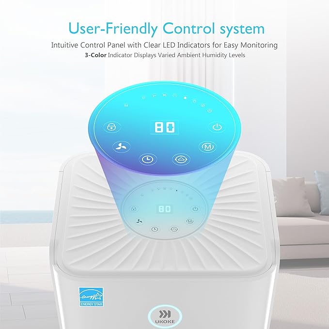 Ukoke 32 Pint Dehumidifier for 1750 Sq. Ft – Energy Star Most Efficient, Auto Drain, 3 Smart Modes, Quiet Operation, Portable Moisture Remover for Medium Rooms, Basements, Bedrooms, RVs