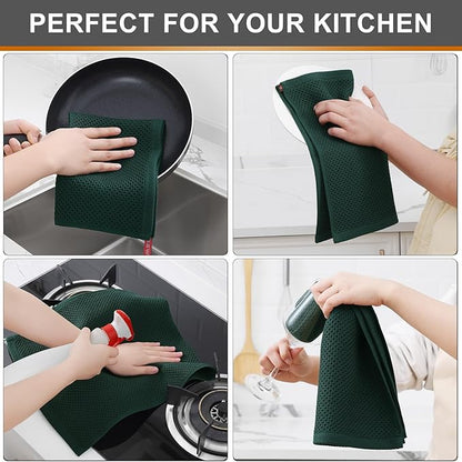 Kitinjoy 100% Cotton Waffle Weave Kitchen Towels, 4-Pack Super Soft and Absorbent Dish Towels for Drying Dishes, Kitchen Hand Towels, 13 in x 28 in, Blackish Green