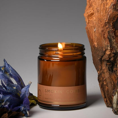 Bia Candle Co Soy Blend Candle, Woody Tuscan Leather, Sandalwood & Cedar with Iris – Long-Lasting Clean Burn, Lead-Free Wick – Brown Glass Jar, Gold Lid – Smokin’ Cowboy Scent, 7 oz