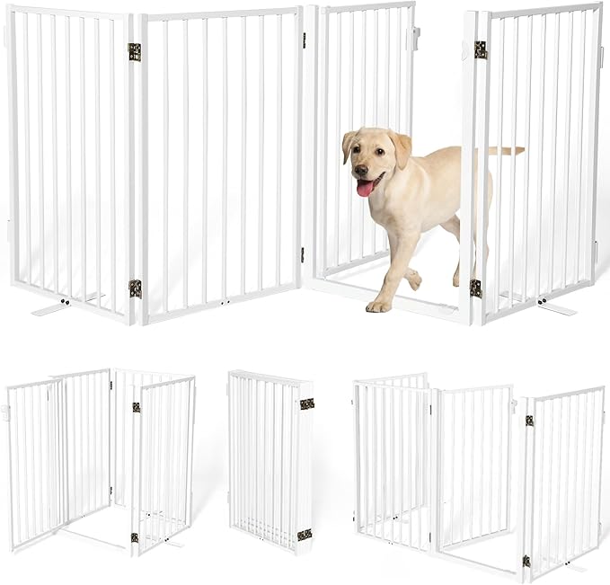Metal Freestanding Dog Gates with Door for Outdoor Indoor,80'' Extra Wide 24'' Tall Free Standing Dog Gate for Doorways,Large Openings,Deck,Yard,Porch,Foldable Safety Pet Fence(White,4 Panels)