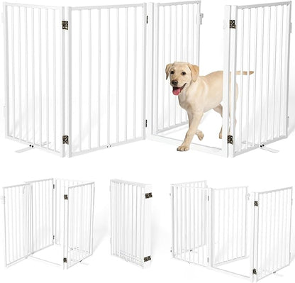 Metal Freestanding Dog Gates with Door for Outdoor Indoor,80'' Extra Wide 24'' Tall Free Standing Dog Gate for Doorways,Large Openings,Deck,Yard,Porch,Foldable Safety Pet Fence(White,4 Panels)