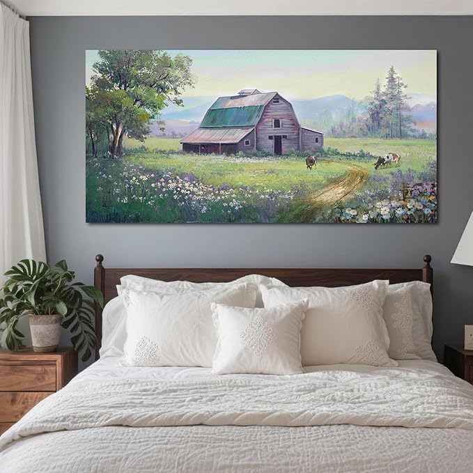 Acocifi Barn Picture Fall Wall Art for Farmhouse, Rustic Landscape Painting Farm Cow Print Textured Artwork Extra Large Framed for Living Room Bedroom Dining Room Kitchen Office Home Decor 58"x29"