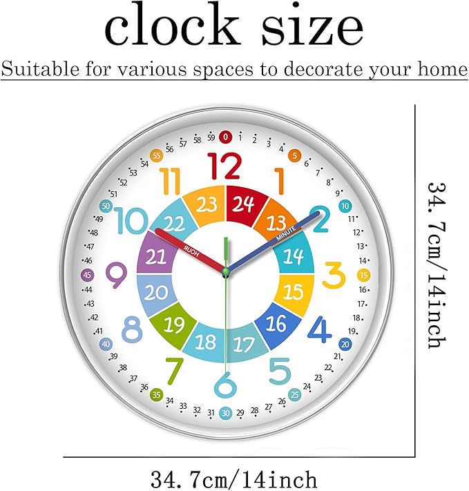 XFM Learning Clock for Kids Silent Non Ticking Battery Operated Colorful Teaching Time Clock 14 Inch Decorative Small Analog Clock for Kids Room Classroom School Playroom