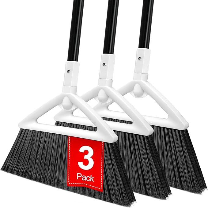 3 Pack Outdoor Indoor Broom, Brooms for Sweeeping Indoor, Heavy-Duty Kitchen Broom with Long Pole, Angle Broom White for Garages Restaurant Courtyard Office Slidewalk Lobby Sweep Dust