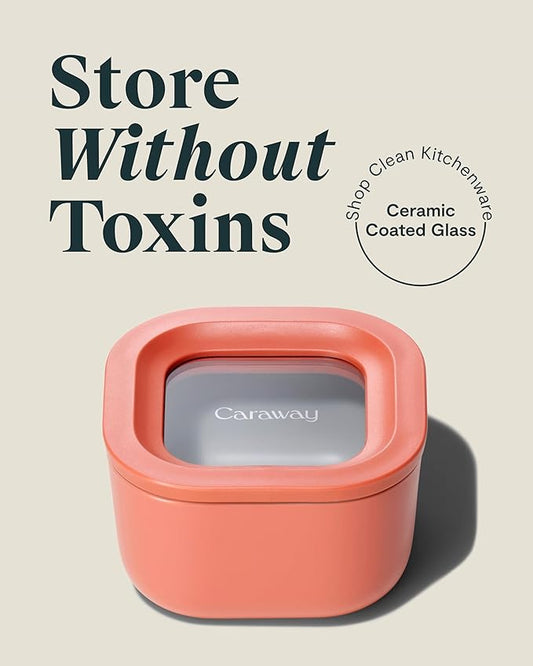 Caraway 6pc Food Storage Container Set - 1.75 Cup Glass Storage Container for Food (6) - Non-Toxic Ceramic-Coated Glass - Air Release Technology - Compact & Stackable Design - Perracotta