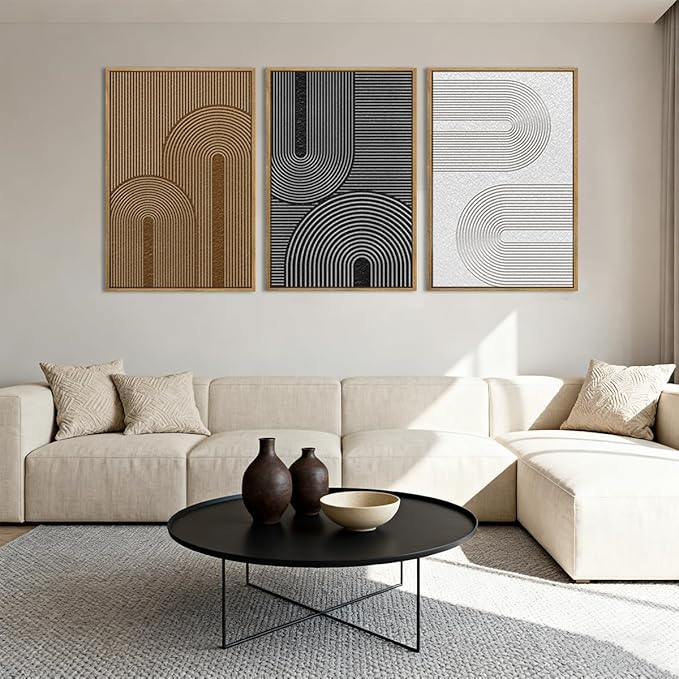 Extra Large Abstract Modern Wall Art Framed Dark Wall Painting Neutral Print Decor for Living Room Bedroom 24x36 Inches Set of 3