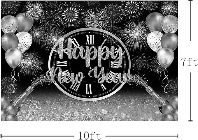MEHOFOND 10x7ft Happy New Year Backdrop Silver 2026 New Year Eve Party Decorations Banner Supplies Shining Champagne Balloons Firework Photography Background New Years Eve Photo Studio Props