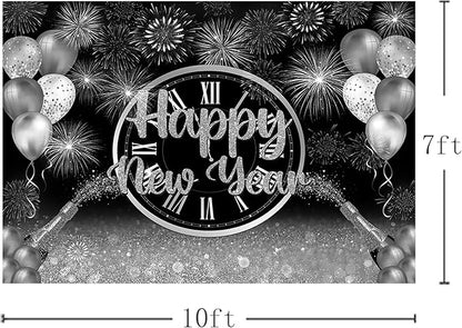 MEHOFOND 10x7ft Happy New Year Backdrop Silver 2026 New Year Eve Party Decorations Banner Supplies Shining Champagne Balloons Firework Photography Background New Years Eve Photo Studio Props