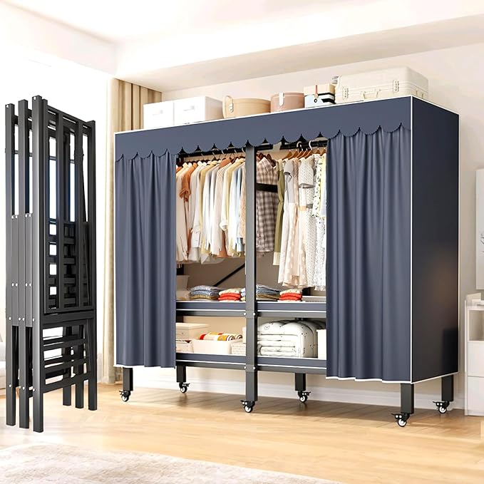 Heavy Duty Clothes Rack with Magnetic Door, Metal Foldable Covered Clothes Rack, Portable Wardrobe Closet System for Hanging Clothes, Rolling Garment Racks for Bedroom (Navy Blue Zipper, 49.2in)