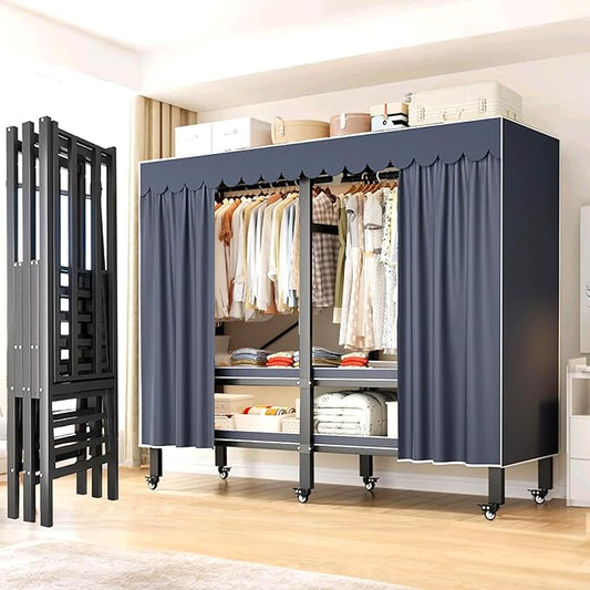 Heavy Duty Clothes Rack with Magnetic Door, Metal Foldable Covered Clothes Rack, Portable Wardrobe Closet System for Hanging Clothes, Rolling Garment Racks for Bedroom (Navy Blue Zipper, 49.2in)