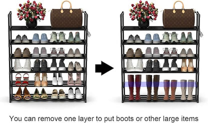 6 Tiers Metal Shoe Rack,Adjustable Shoe Shelf Storage Organizer with Hooks,Stackable Boot & Shoe Storage,for Entryway,Hallway,Closet,Black