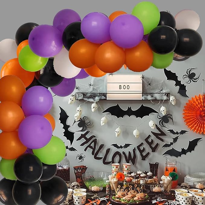 Halloween Balloons w/Ribbon 100 Pack 12 Inch Black Orange White Purple Green Balloons for Halloween Party Decorations