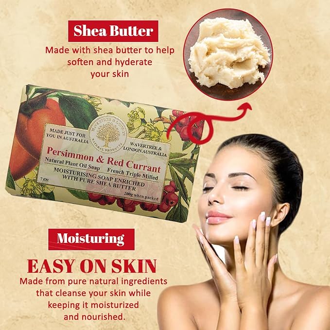 Wavertree & London Persimmon & Red Currant Scented Natural Soap (8 Bars), 7oz Moisturizing French Triple Milled Soap Bars enriched with shea butter - Pure Plant Oil Bath & Body Bars for All Skin Types