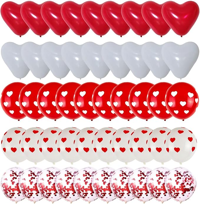 75pcs Valentine's Day Balloons Heart Shape Red White Confetti 12 Inch Latex Balloons for Valentines Day,Anniversary,Wedding Party Decorations