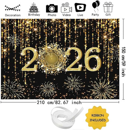 MEHOFOND 7x5 ft Black and Gold 2026 New Year Backdrop Cheers to 2026 Photography Background Hello 2026 Dripping Glitter Dots Fireworks Clock Decor Time to 2026 New Year Eve Cake Smash Photo Props