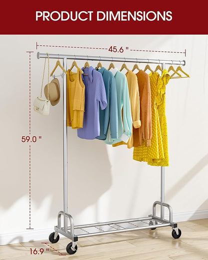 Clothes Rack - Large-Capacity Clothing Racks for Hanging Clothes with Lockable Wheels, Space-Saving Metal Coat Rack for Bedroom, Laundry Room, Entryway, 45.6" x 16.9" x 59", Silver