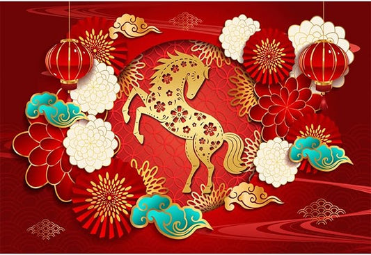 Renaiss 12x8ft Happy Chinese New Year Backdrop Year of The Horse Spring Festival Banner Gold Horse Lucky Clouds Flowers Background Chinese Birthday Lantern Festival Party Decors Photo Studio Props