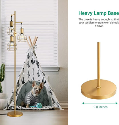 EDISHINE Industrial Dimmable Floor Lamp Gold, Farmhouse Standing Lamp for Living Room with 3 LED Edison Bulbs, Modern Tall Standing Corner Lamp with Metal Diamond Cage for Bedroom, Office