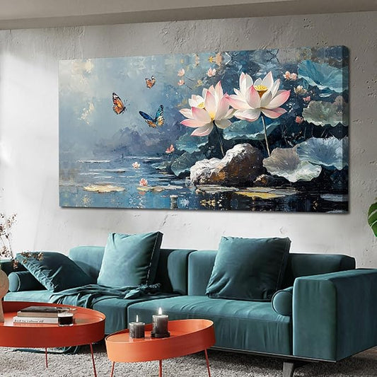 Ardemy Lotus Wall Art for Living Room Butterfly Canvas Art Wall Decor Textured Pictures Artwork Bedroom Kitchen Dining Home Office, Large 40"x20"