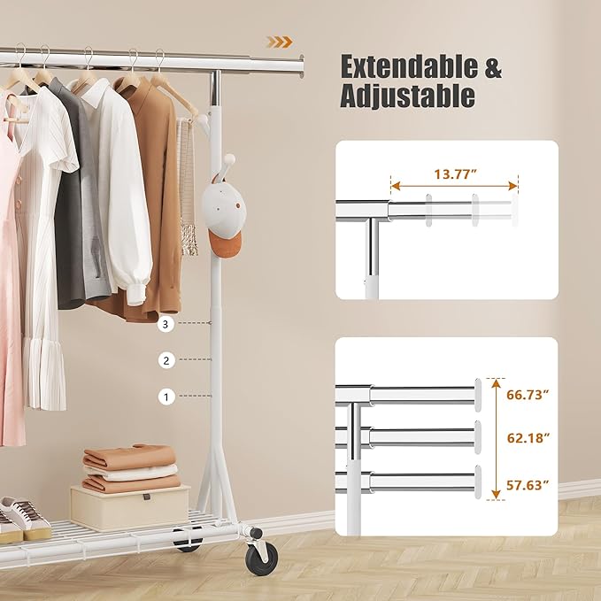 Heavy Duty Clothes Rack Load 530 LBS Metal Clothing Garment Rack Hang 200 pieces of clothing on Wheels Collapsible Rolling Portable & Adjustable with Hook for Hanging Clothes White