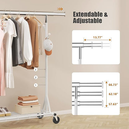 Heavy Duty Clothes Rack Load 530 LBS Metal Clothing Garment Rack Hang 200 pieces of clothing on Wheels Collapsible Rolling Portable & Adjustable with Hook for Hanging Clothes White