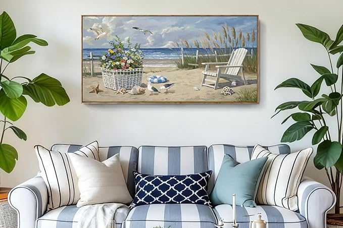 ARTZON Sea Landscape Wall Art – Large Framed Seaside Seashell Starfish Flower Basket Beach Scene Canvas Painting Horizontal Prints Picture for Dorm, Hallway, 48x24 Inch