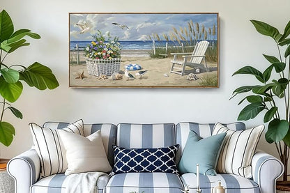 ARTZON Sea Landscape Wall Art – Large Framed Seaside Seashell Starfish Flower Basket Beach Scene Canvas Painting Horizontal Prints Picture for Dorm, Hallway, 48x24 Inch