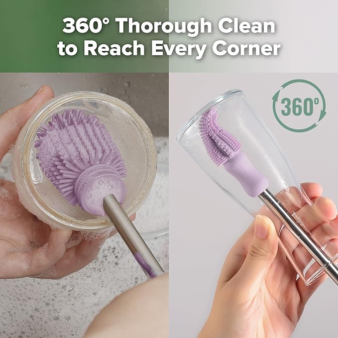 haakaa Silicone Cleaning Brush Kit - Baby Bottle Brush Cleaner for Breast Pump,Nipple,Breast Milk Storage Bag,Reusable Straw,Sippy Cup - Food Grade Silicone Bristles, Portable - 3 Pcs - Lavender