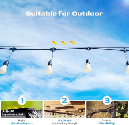 NEREUS String Light Hanging Kit with 164 Ft Vinyl Coated 304 Stainless Steel Cable, String Light Suspension Kit, Guide Wire with Turnbuckles and Hooks for Patio, Backyard Lighting Accessories