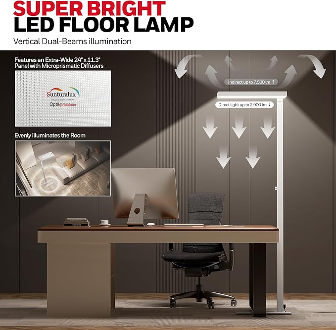 Honeywell 10400LM LED Floor Lamp, 77" Eye-Care Reading Floor Lamps for Living Room, 100W Modern Natural Daylight 4000K Dimmable Bright Stand up Lamps for Living Room for Kids Study Home Office White