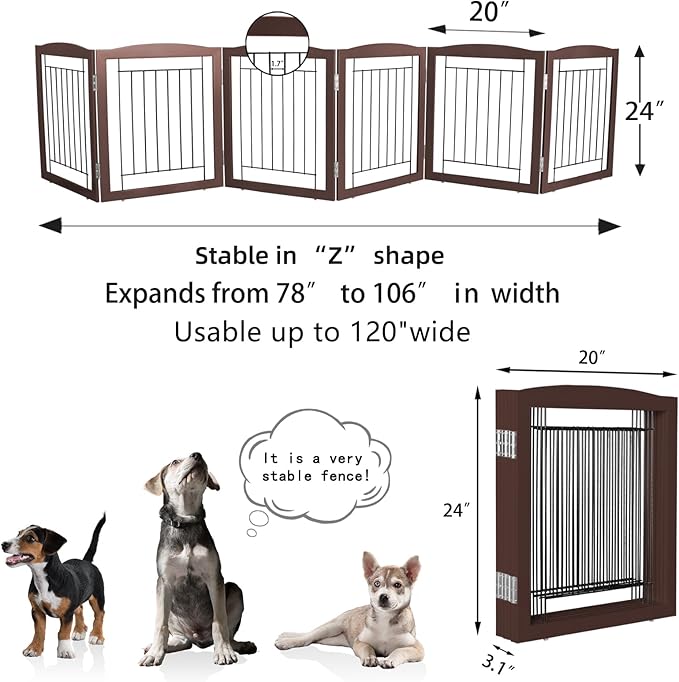 ZJSF Freestanding Foldable Dog Gate for House Extra Wide Wooden Brown Puppy Gate Stairs Dog Gates Doorways Tall Pet Gate 24 "Height 6 Panels Pet Fence