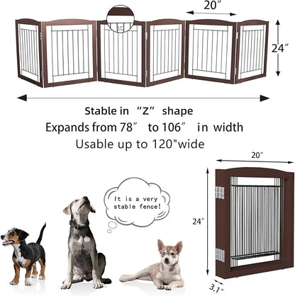 ZJSF Freestanding Foldable Dog Gate for House Extra Wide Wooden Brown Puppy Gate Stairs Dog Gates Doorways Tall Pet Gate 24 "Height 6 Panels Pet Fence