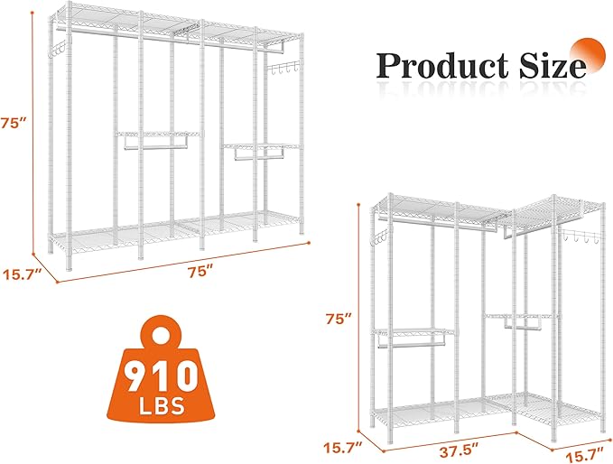 Raybee Clothes Rack Heavy Duty Clothing Racks for Hanging Clothes Loads 1100LBS, Garment Rack Freestanding for Bedroom, 75" H x 75" W x 15.7" D, White