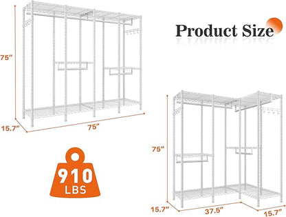 Raybee Clothes Rack Heavy Duty Clothing Racks for Hanging Clothes Loads 1100LBS, Garment Rack Freestanding for Bedroom, 75" H x 75" W x 15.7" D, White