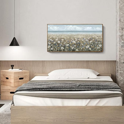 amatop Large Wall Art for Living Room Framed Boho Beach Coastal Floral Ocean Wall Picture Farmhouse Daisy Flower Sea Canvas Print Nautical Neutral Vintage Warm Artwork Home Bedroom Office Decor 48x24