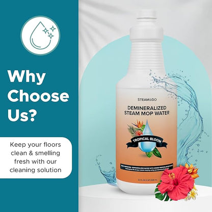 Steam & Go Demineralized Water for Steam Cleaner - PVC-Free Floor Cleaning Solution Compatible for All Steam Mops - Multi-Surface Cleaner for Home Surfaces - Tropical Bloom Scent, 32 oz (Pack of 12)