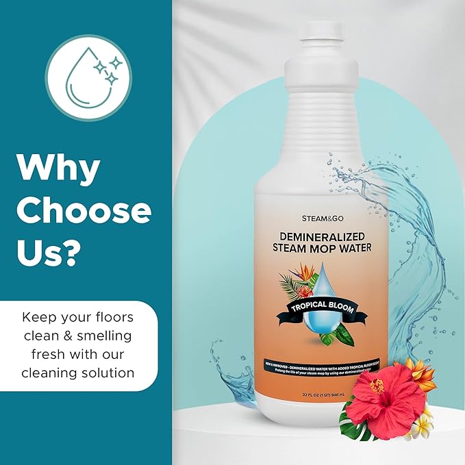 Steam & Go Demineralized Water Cleaning Solution for Floor & Multi-Surface Steam Cleaners - Compatible for All Steam Mops - Tropical Bloom Scent, 32 oz