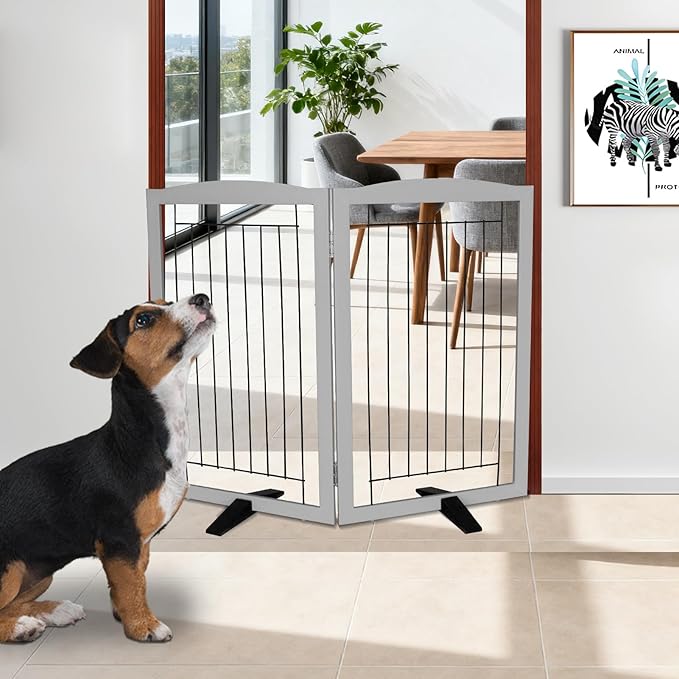 ZJSF Freestanding Dog Fence Indoor, Foldable Dog Gate for Doorways, Stairs or Hallways, Sturdy Wood Extra Wide Pet Gate with Support Feet for The House, Grey, 32 "Height-2 Panels