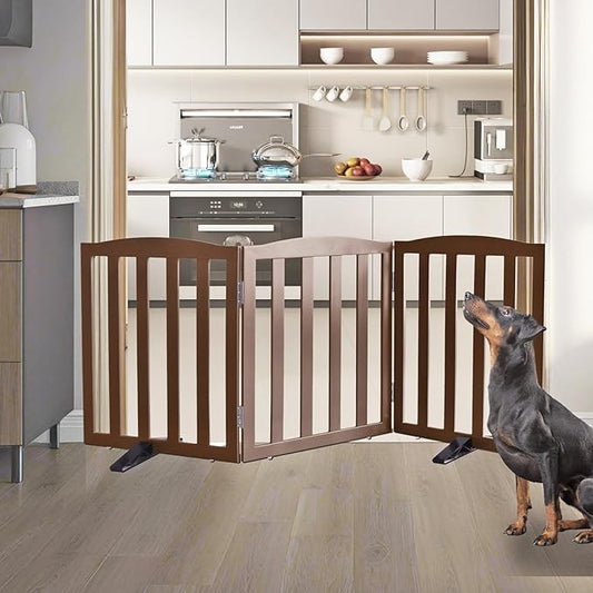 ZJSF Foldable Freestanding Indoor Dog Gate for House Wood Long Pet Gates Dog Fence for Stairs Puppy Gates for Hallways, Puppy Gate,Support Feet Included, Brown, 24 "Height-3 Panels