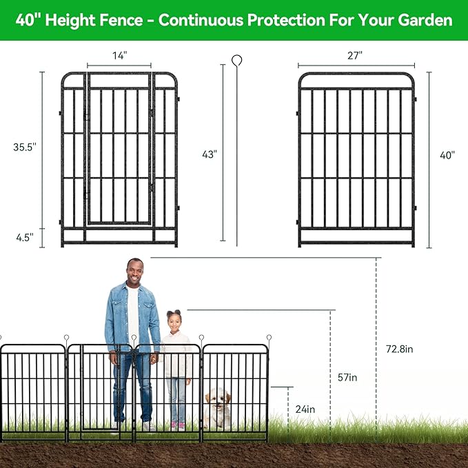 24 Panels No Dig Garden Fence 54 ft(L) X 40 in(H) Animal Barrier for Yard, Patio, Garden Borders, Outdoor Decorative Fencing with Thick Pipe Metal Panels