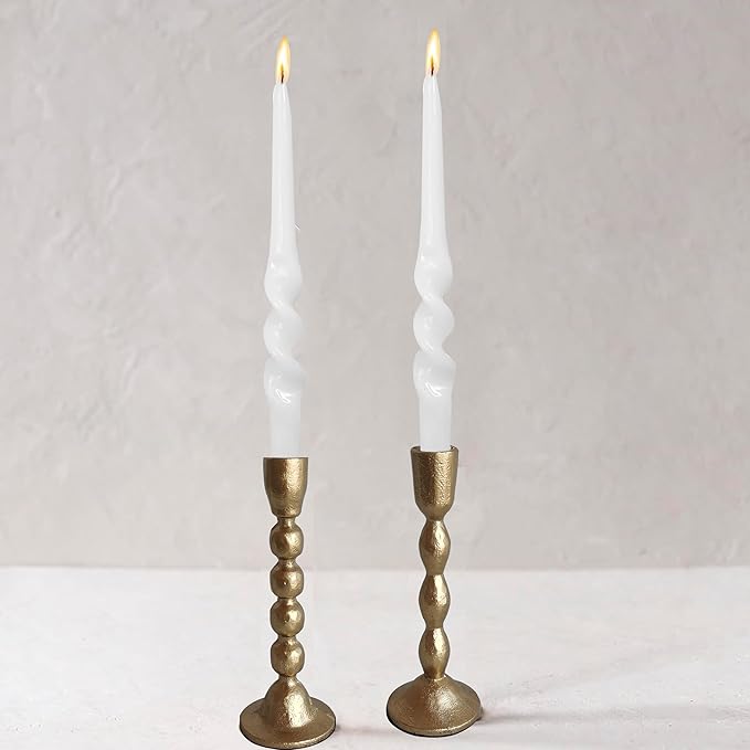 Antique Iron Taper Candle Holders - Set of 2 Decorative Candlesticks, Brass Finish Candle Stand for Weddings, Dining, and Parties