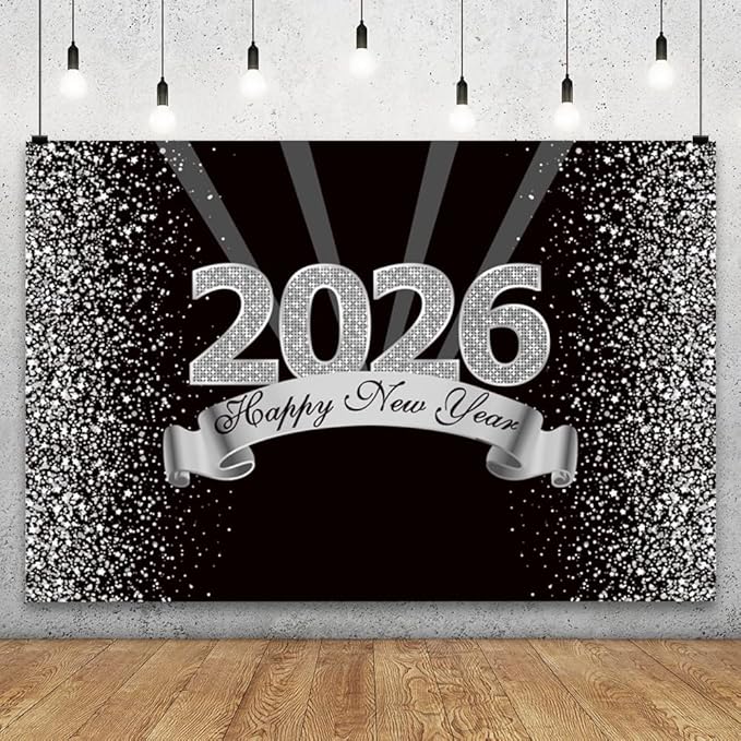 YongFoto 2026 Happy New Year Backdrop 12x10ft Black Silver Photography Background Merry Christmas Night Festival Carnival Celebration Party Banquet Decor Banner Photoshoot Wallpaper Photo Booth
