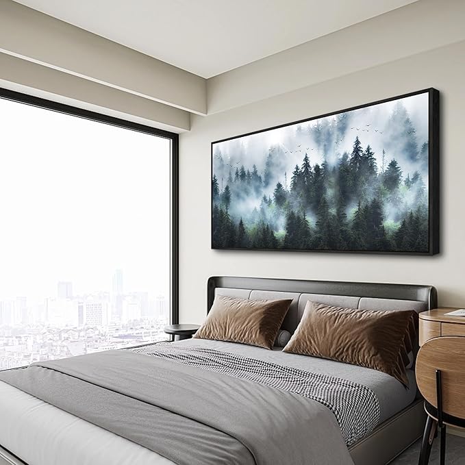 Wapluam Large Canvas Wall Art For Living Room, Office, Bedroom Wall Decorations - Black Framed Canvas Prints Artwork - Foggy Forest Landscape Pictures - Modern Wall Painting - Home Wall Art